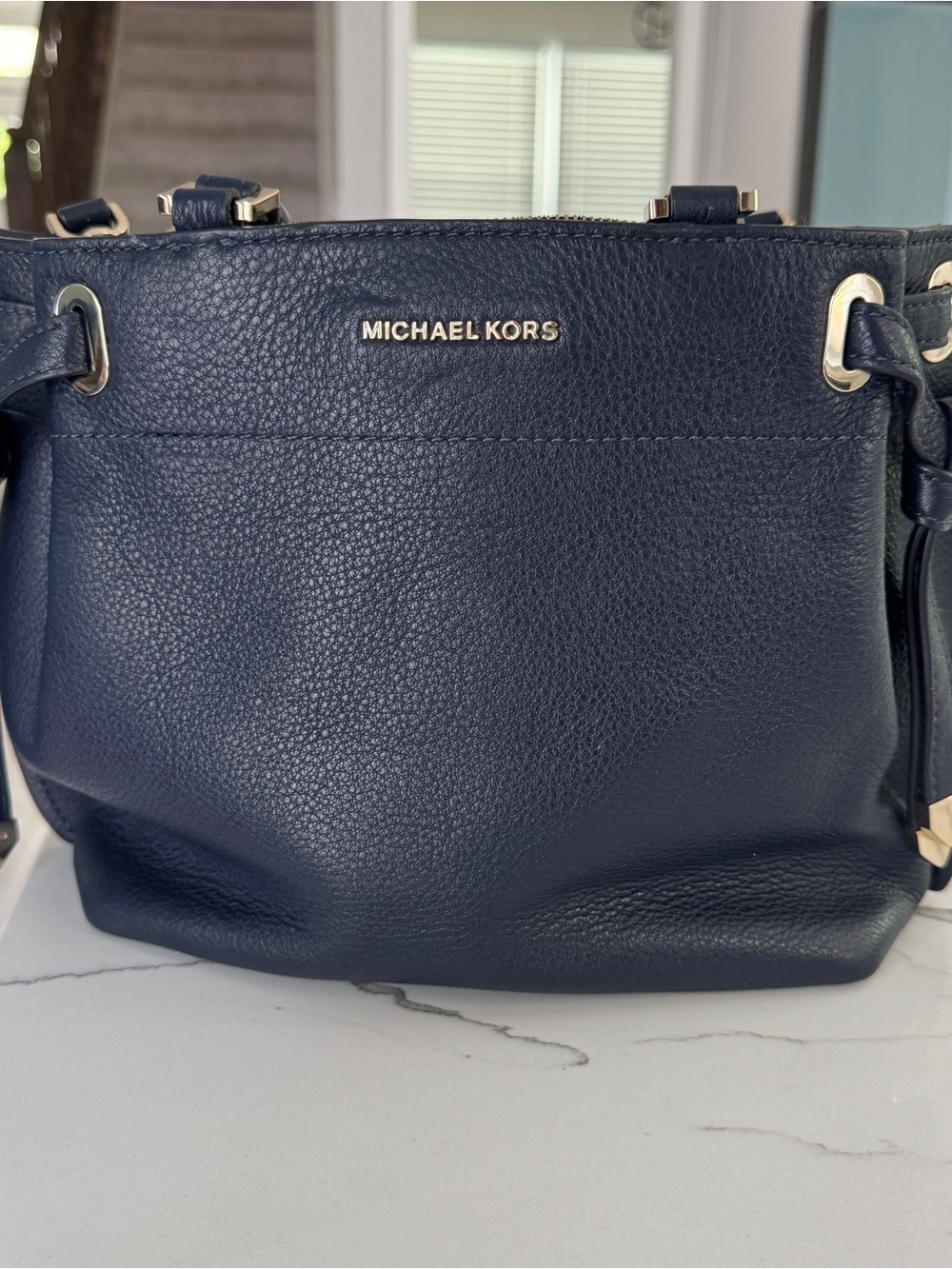 Michael Kors Navy Pebbled Leather Drawstring Shoulder Bag with Gold Hardware